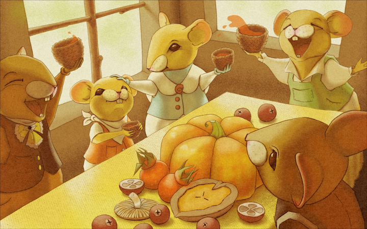 Scene of anthropomorphized mice celebrating a holiday meal.