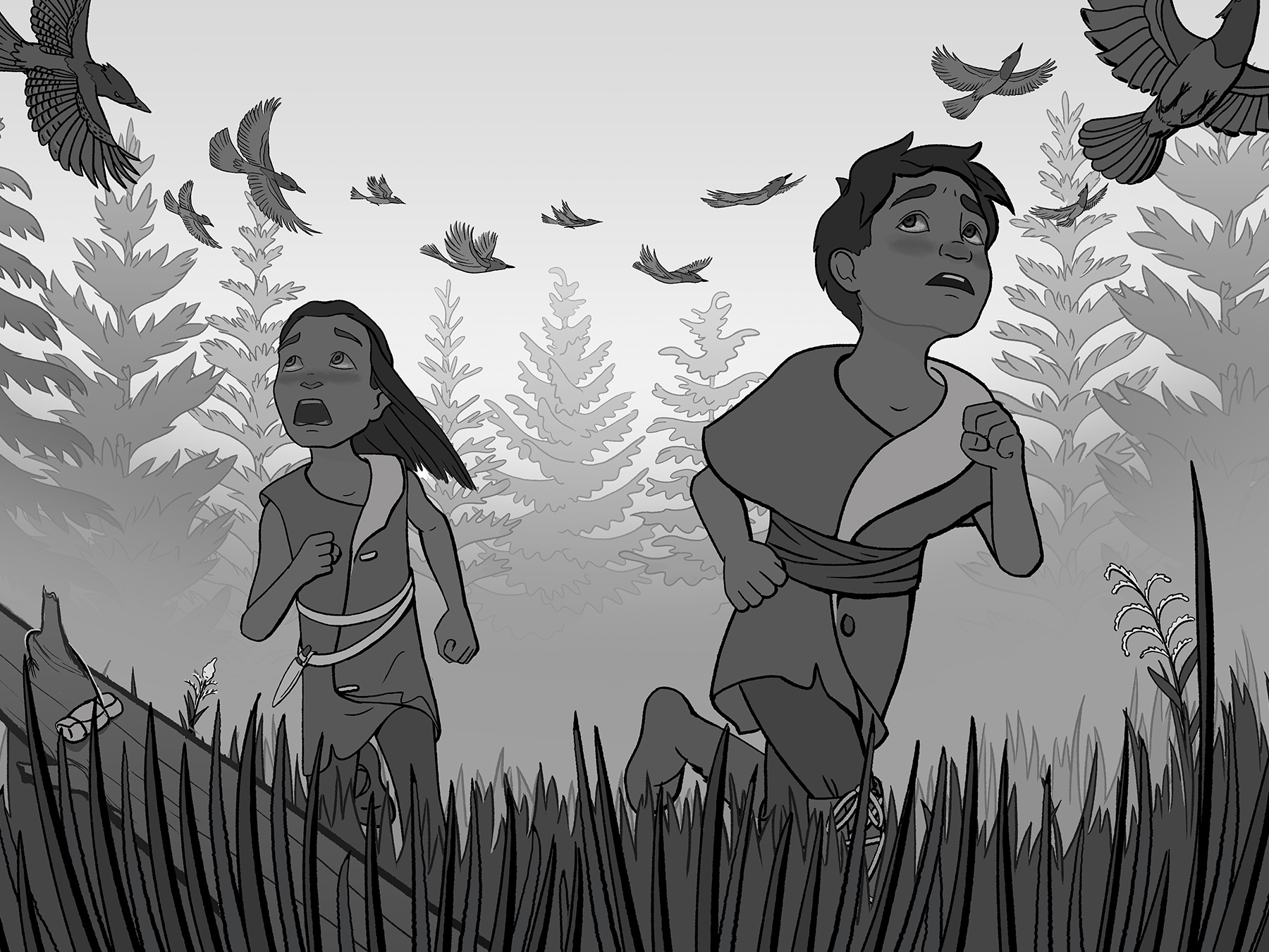 Middle grade illustration of two boys running from angry Stellers Jays.